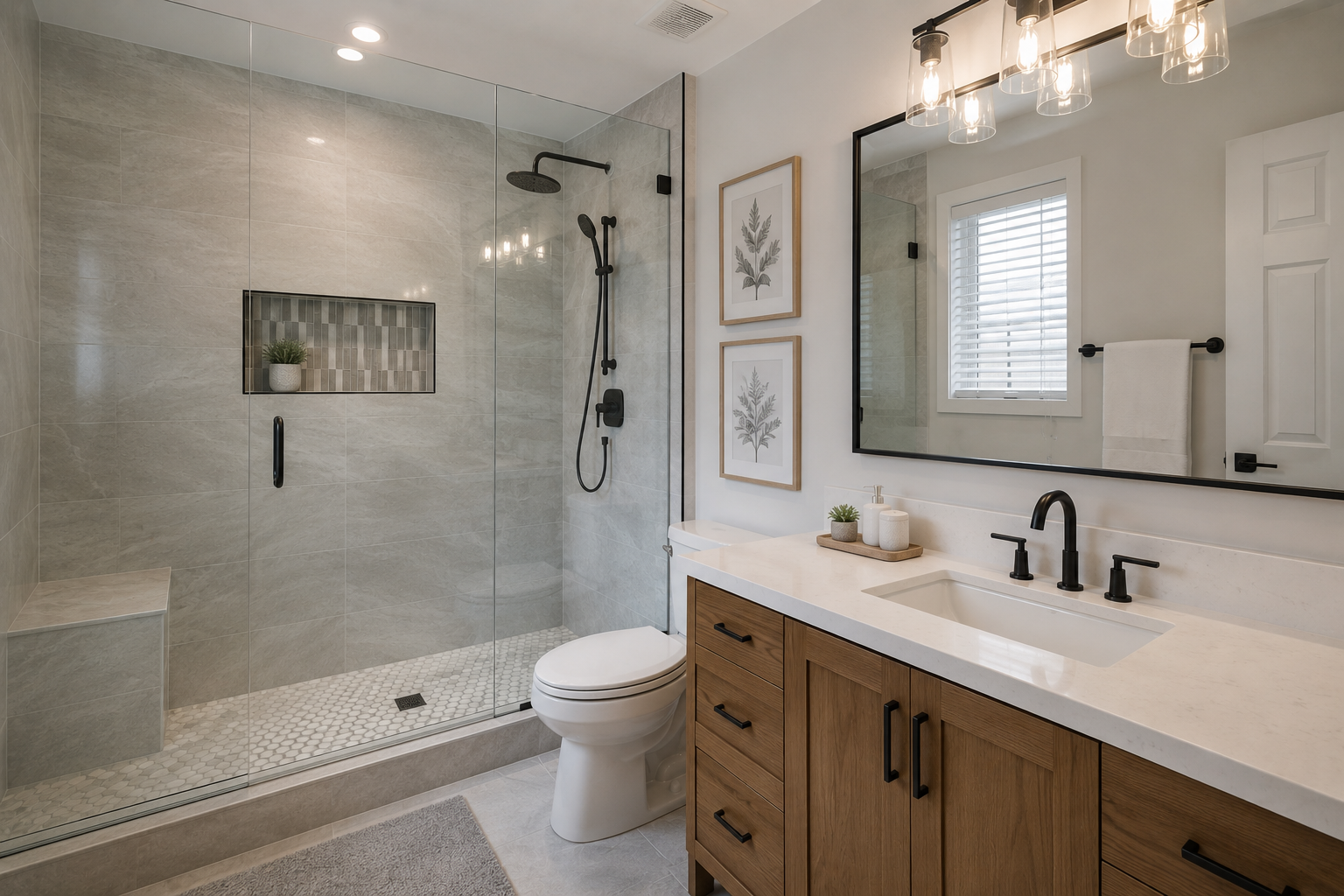 Completed bathroom renovation with modern tile, vanity and fixtures in Ontario