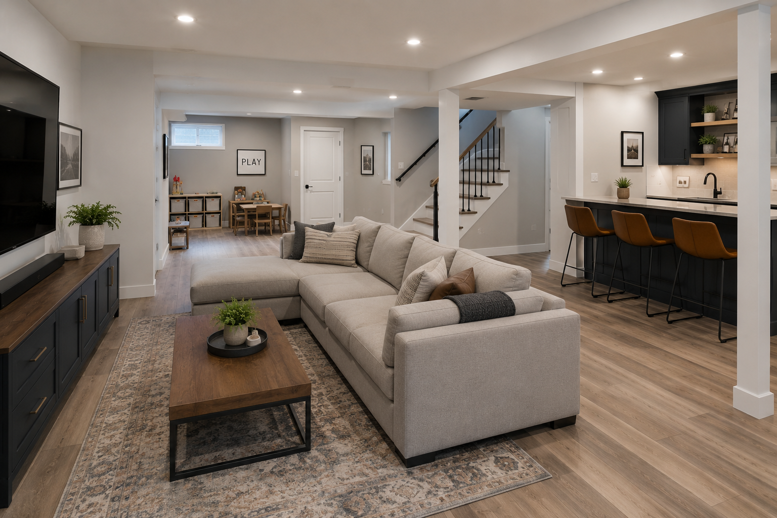 Finished basement living area with recessed lighting and durable flooring in Ontario