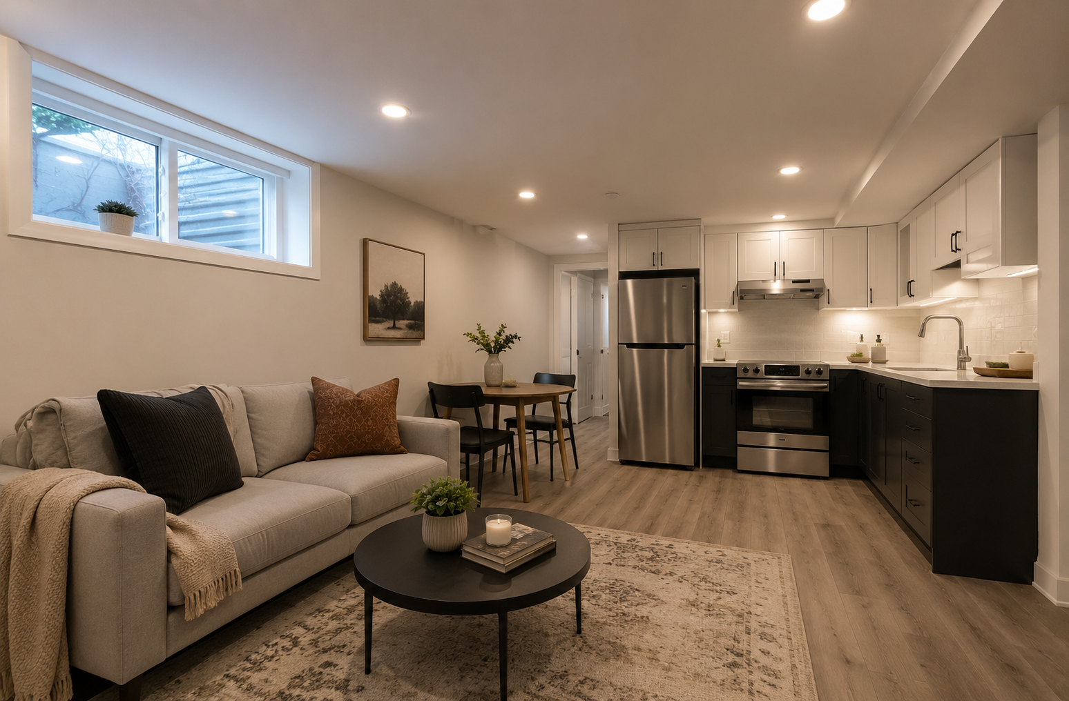 Finished rental suite conversion with a kitchenette and living area in Ontario