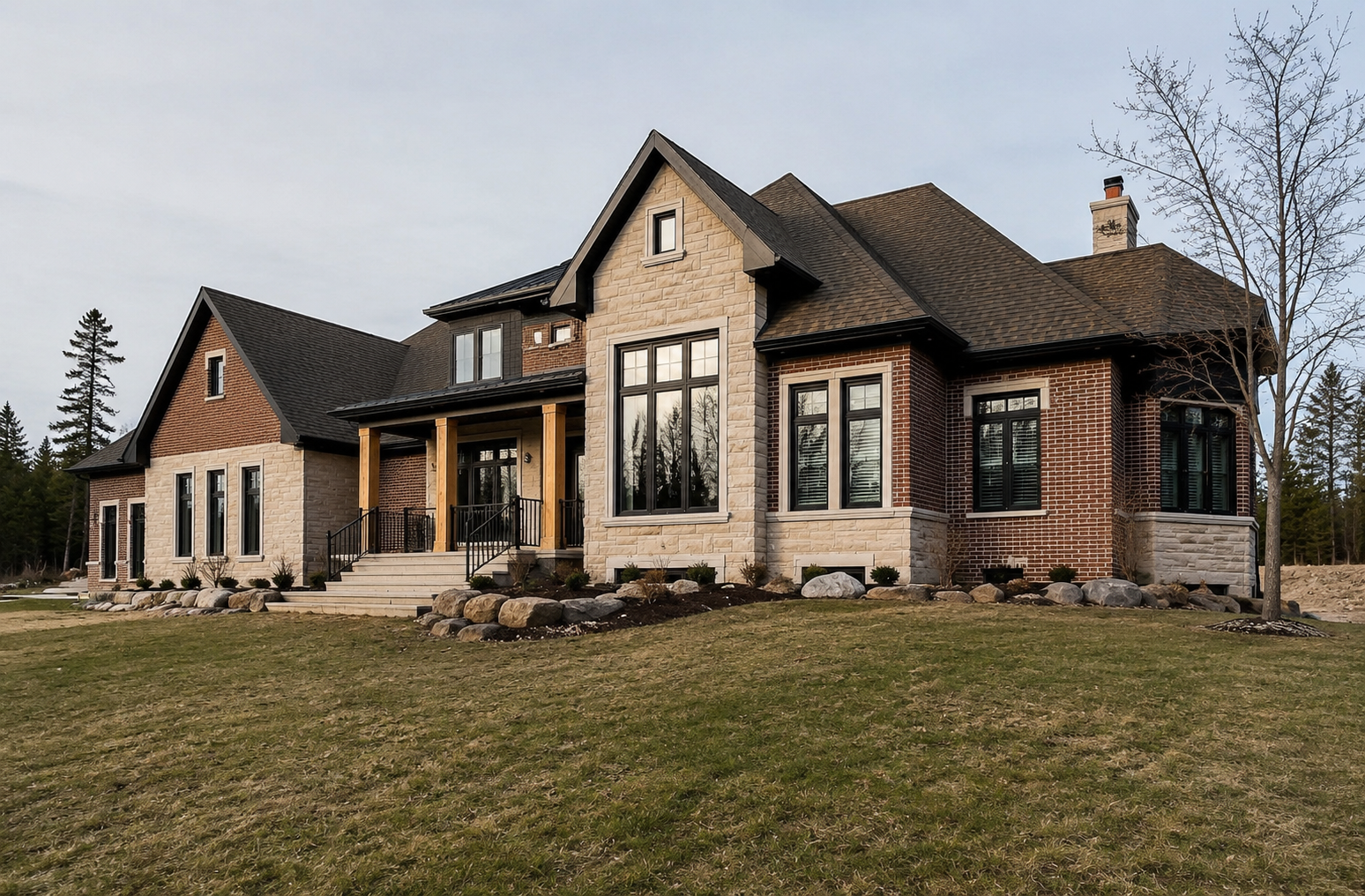 Spacious Ontario custom home with stone, wood accents and large windows in a semi-rural setting