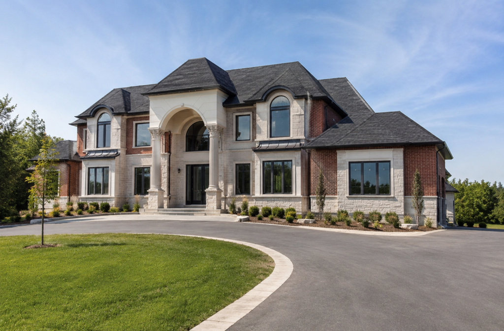 Completed Ontario custom home with natural materials, dark windows and a spacious semi-rural setting