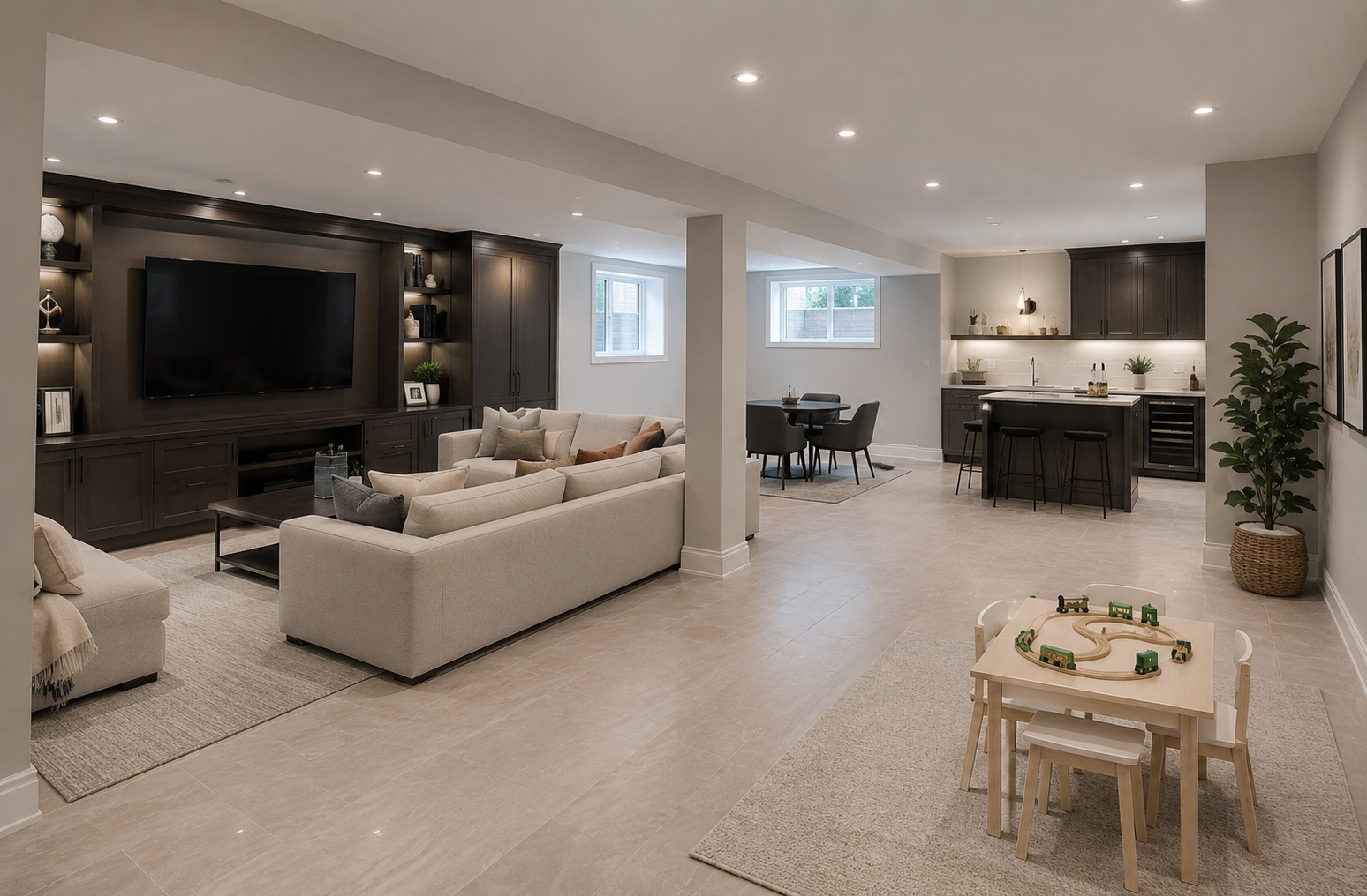 Finished family basement with warm lighting and flexible living space