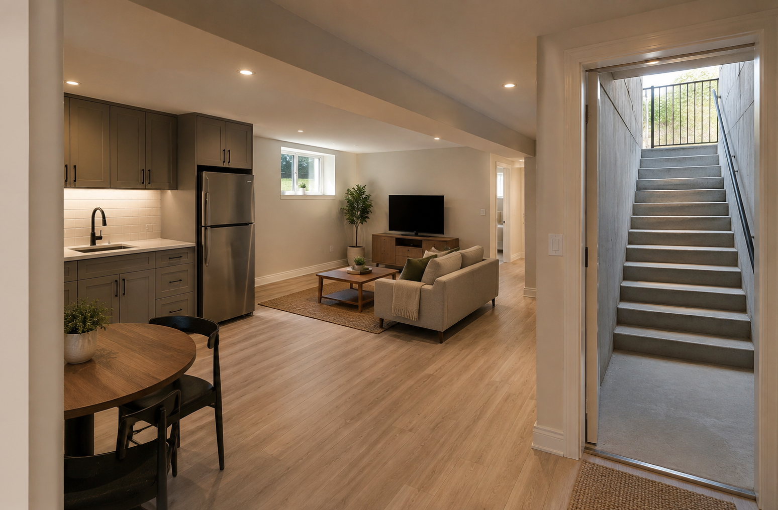 Independent lower-level suite with compact kitchen and private access