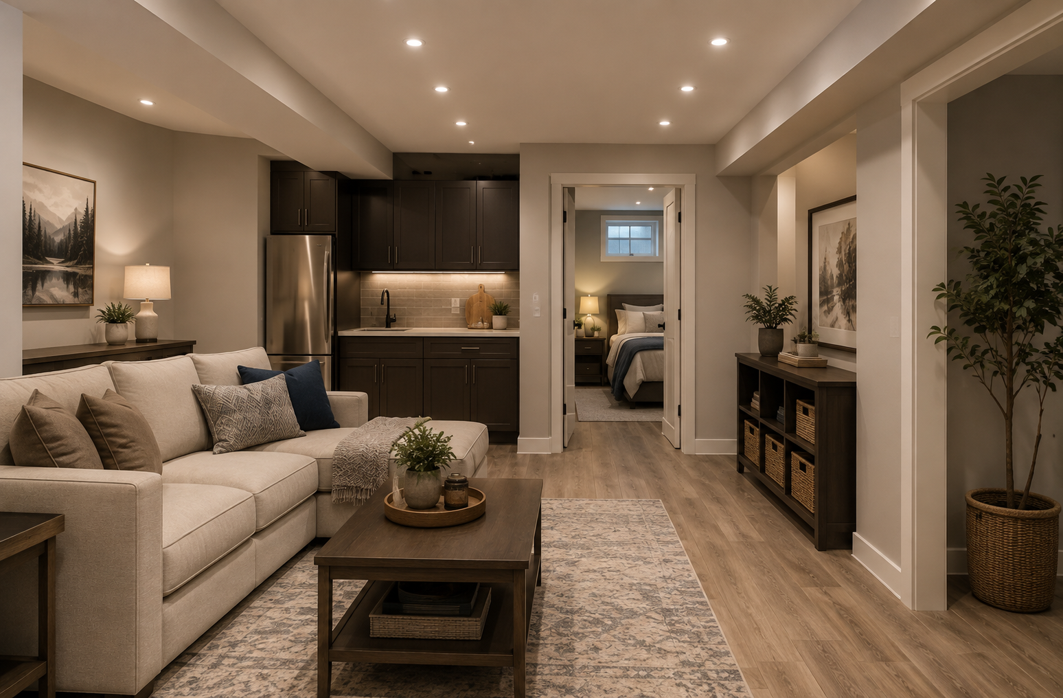 Comfortable multigenerational lower-level living space with bedroom and lounge