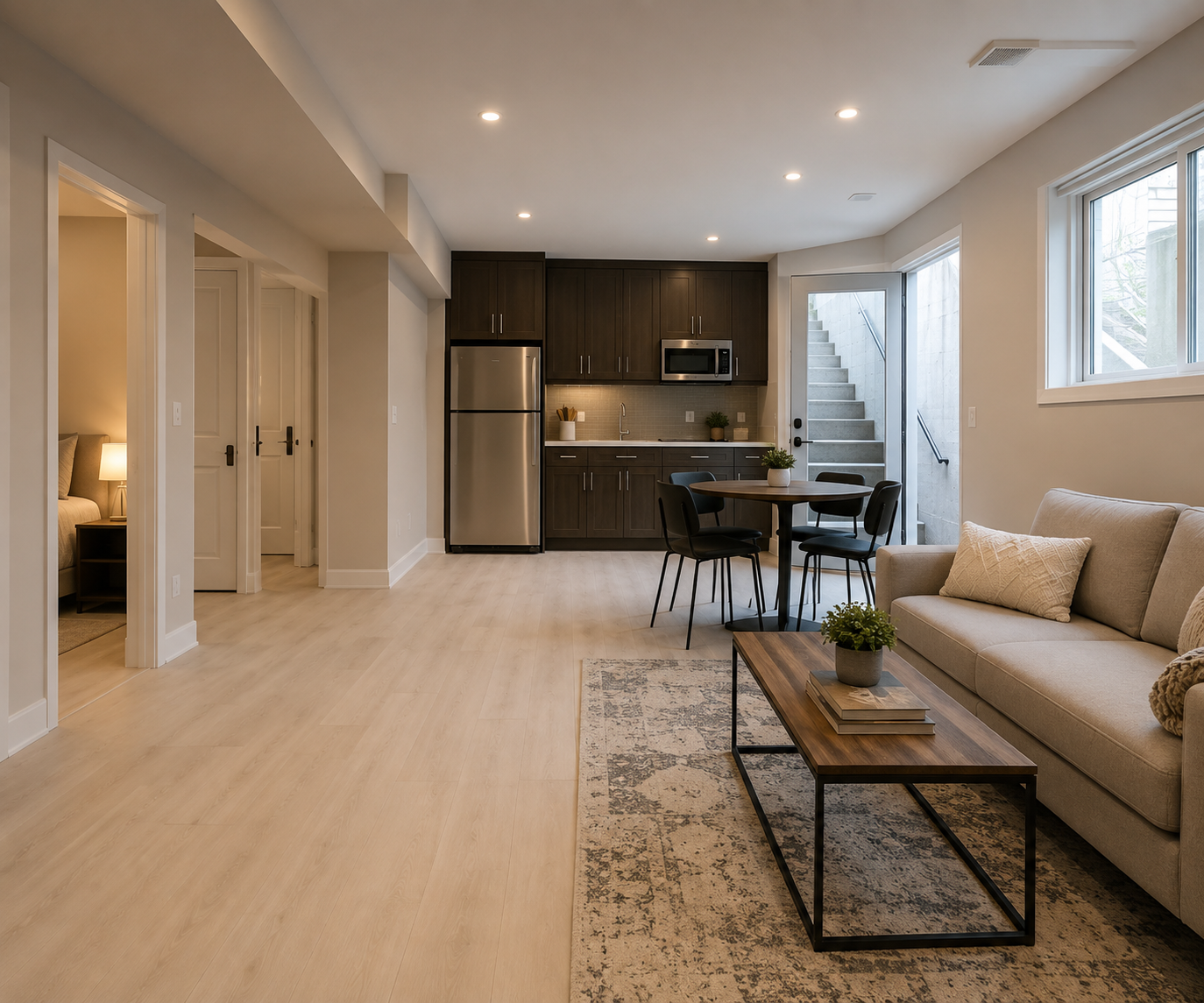 Bright finished basement suite with kitchenette and comfortable living area