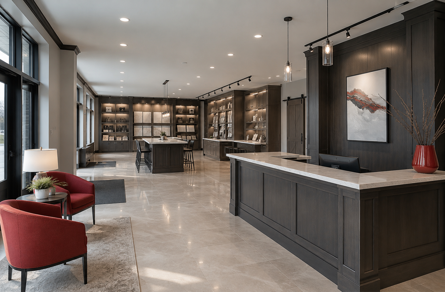 Polished customer-facing commercial interior with custom millwork