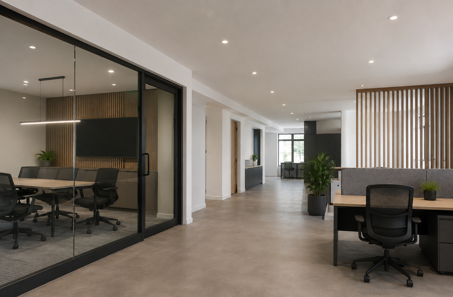 Modern office reconfiguration with meeting rooms and open work areas