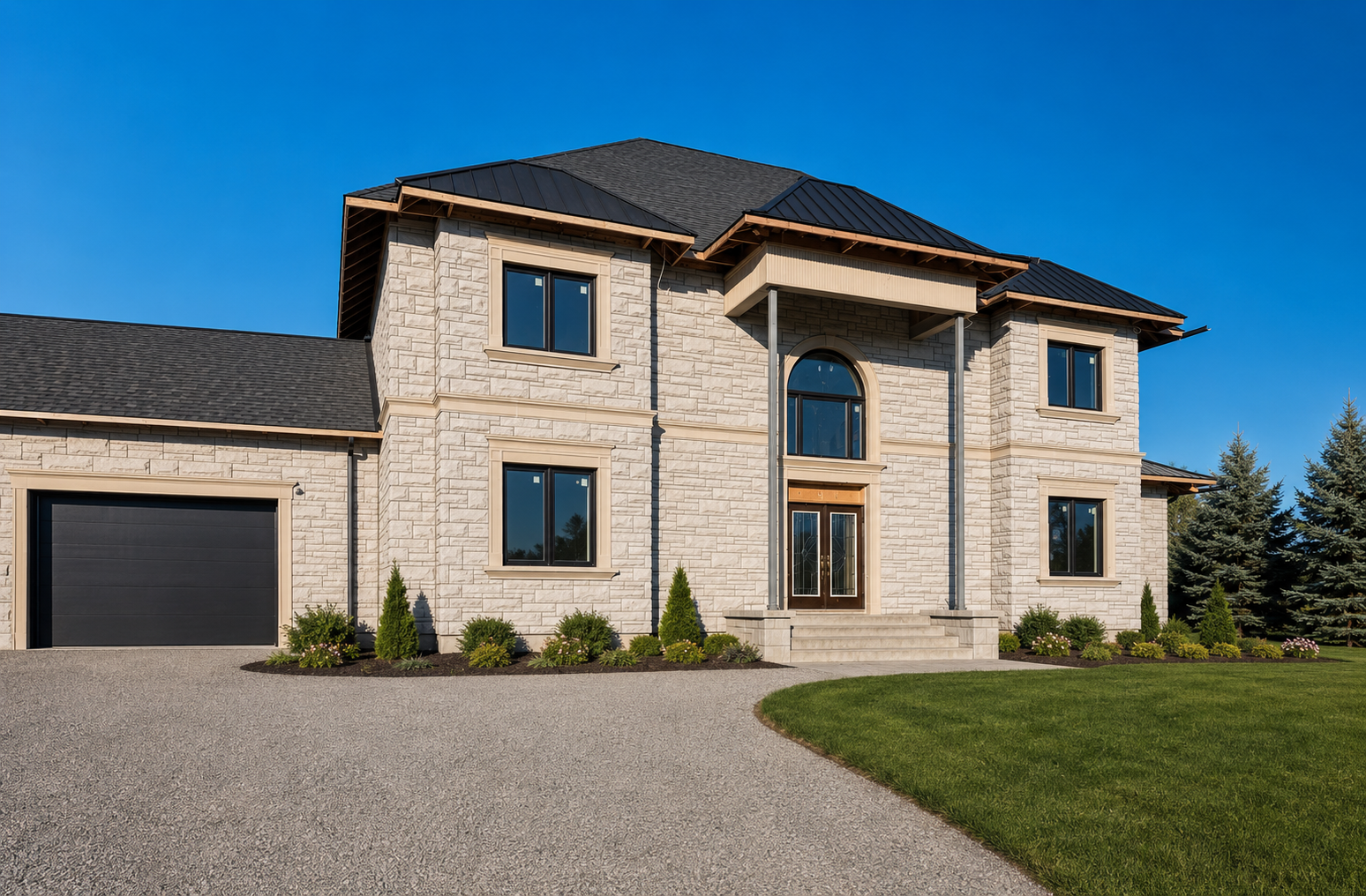 Near-complete custom residence with pale stone facade
