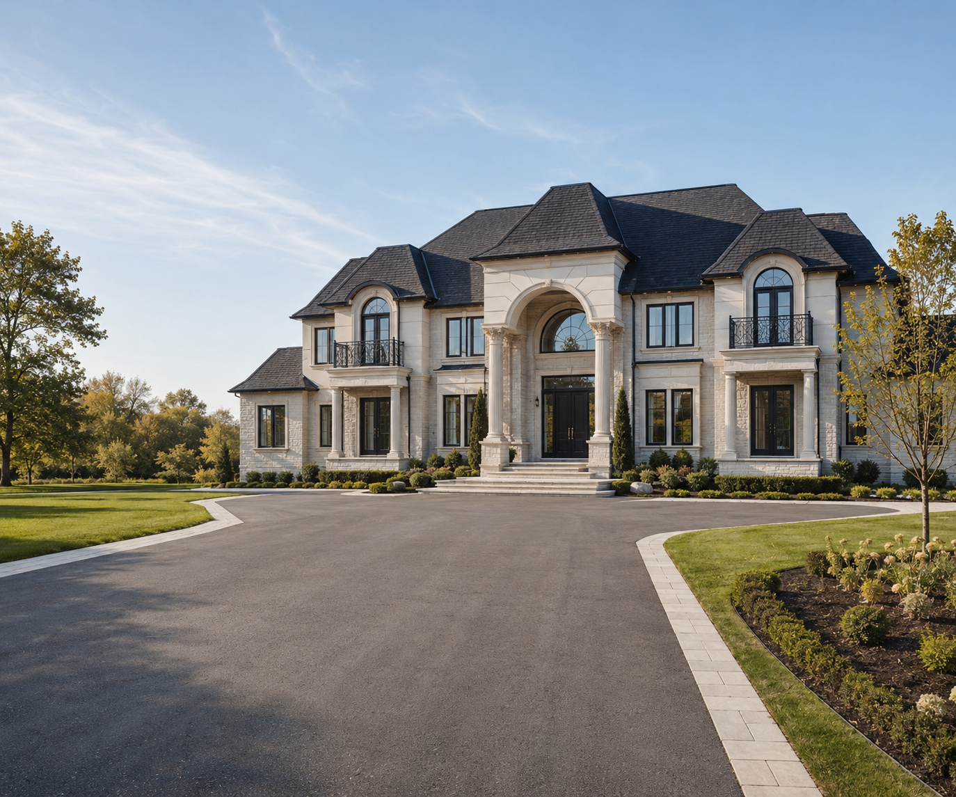 Large custom Ontario home with pale stone facade and arched entry