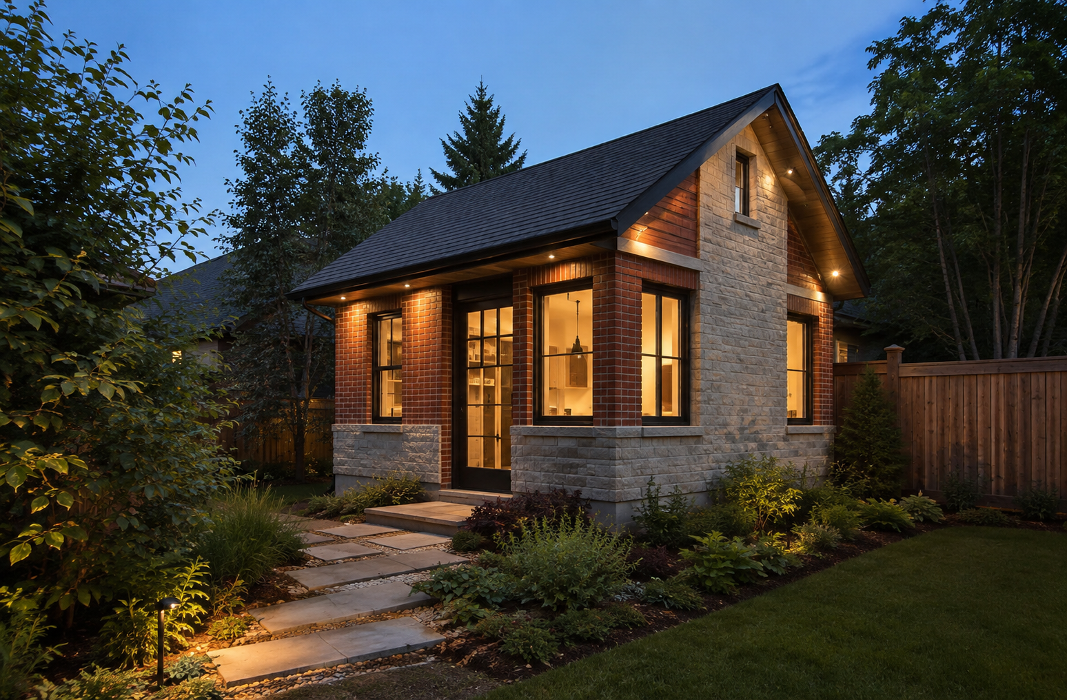 Detached backyard residential unit with warm evening lighting