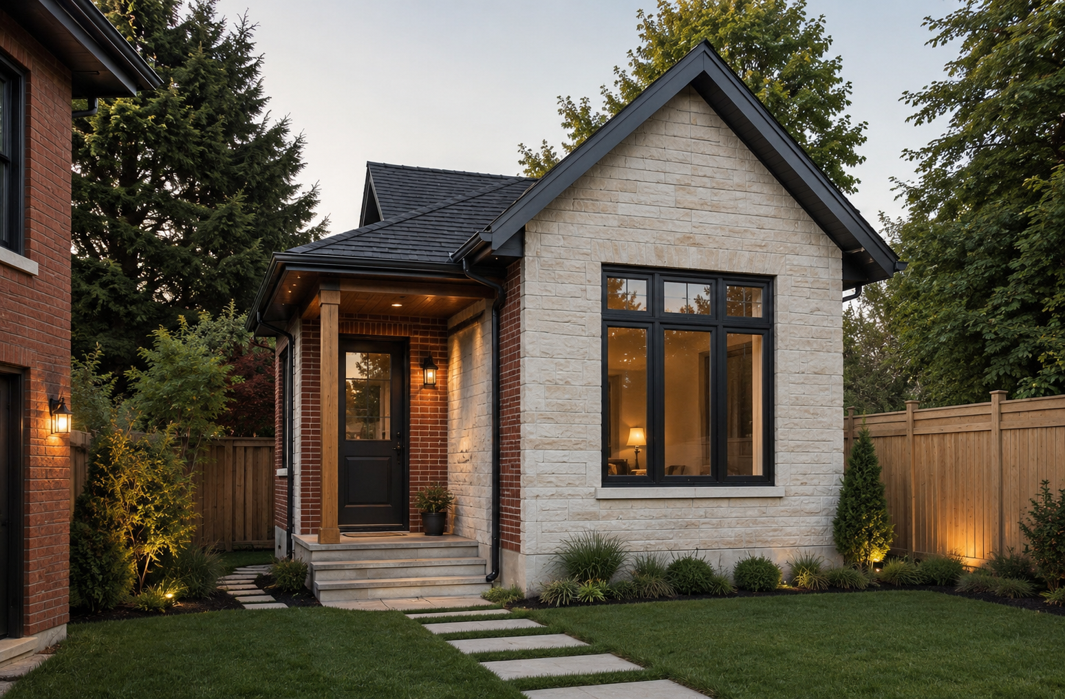 Compact modern garden suite with brick and stone details