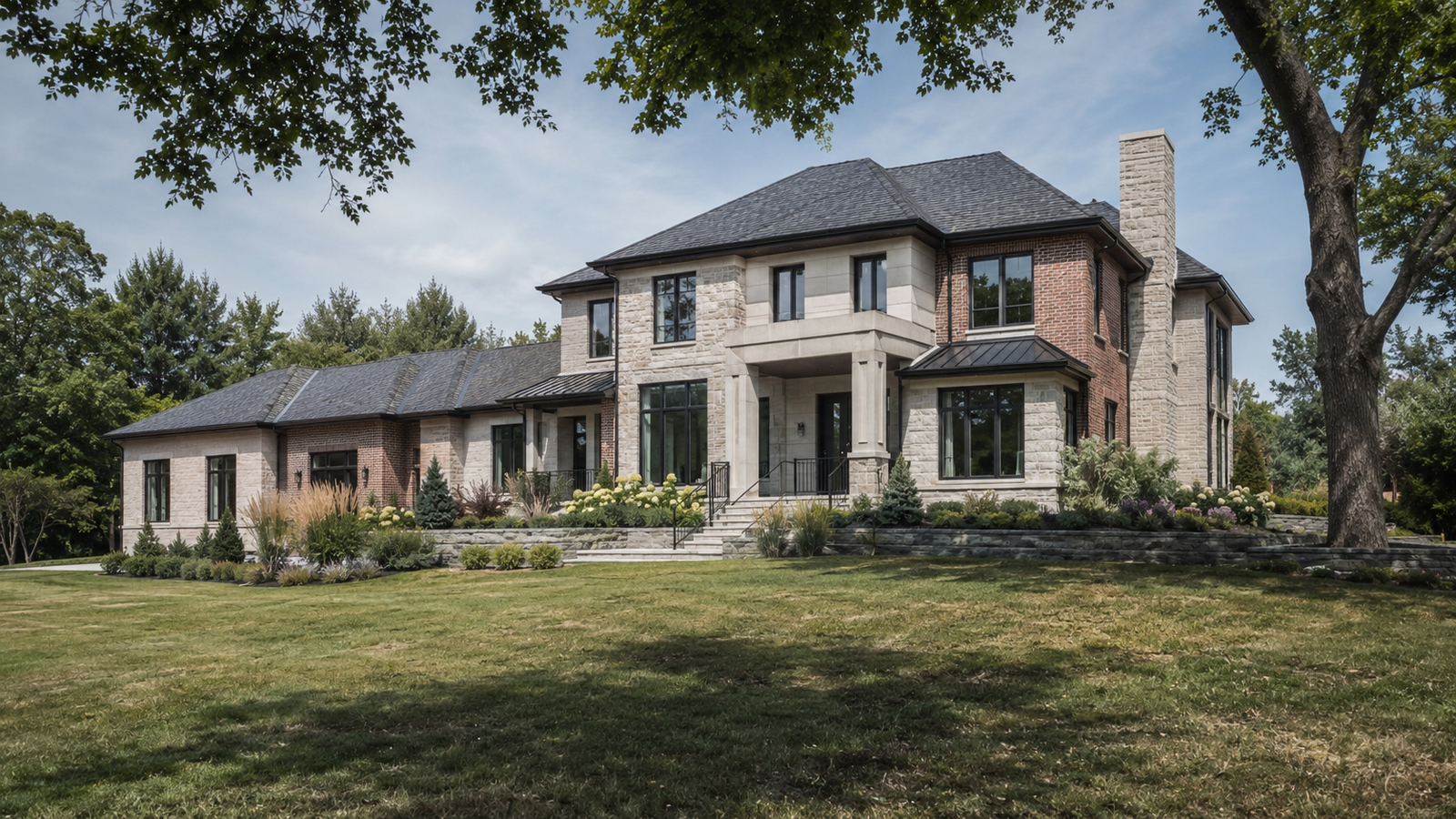 Upgraded Southern Ontario home with brick, stone, siding and large dark-framed windows