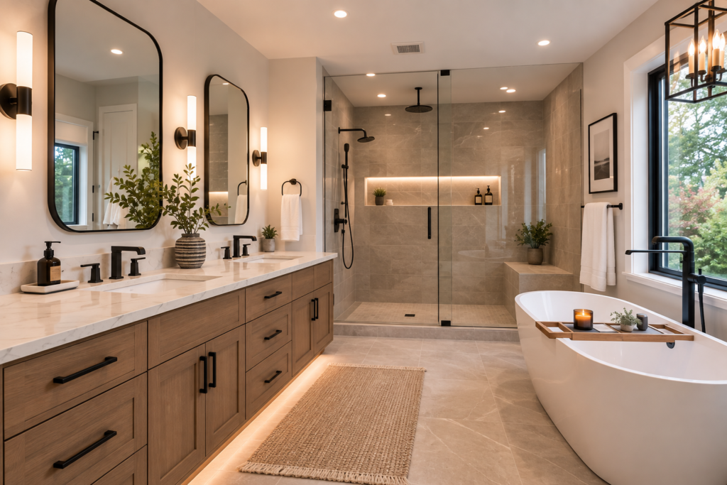 Completed Ontario kitchen or bathroom renovation with stone finishes, quality millwork and warm lighting