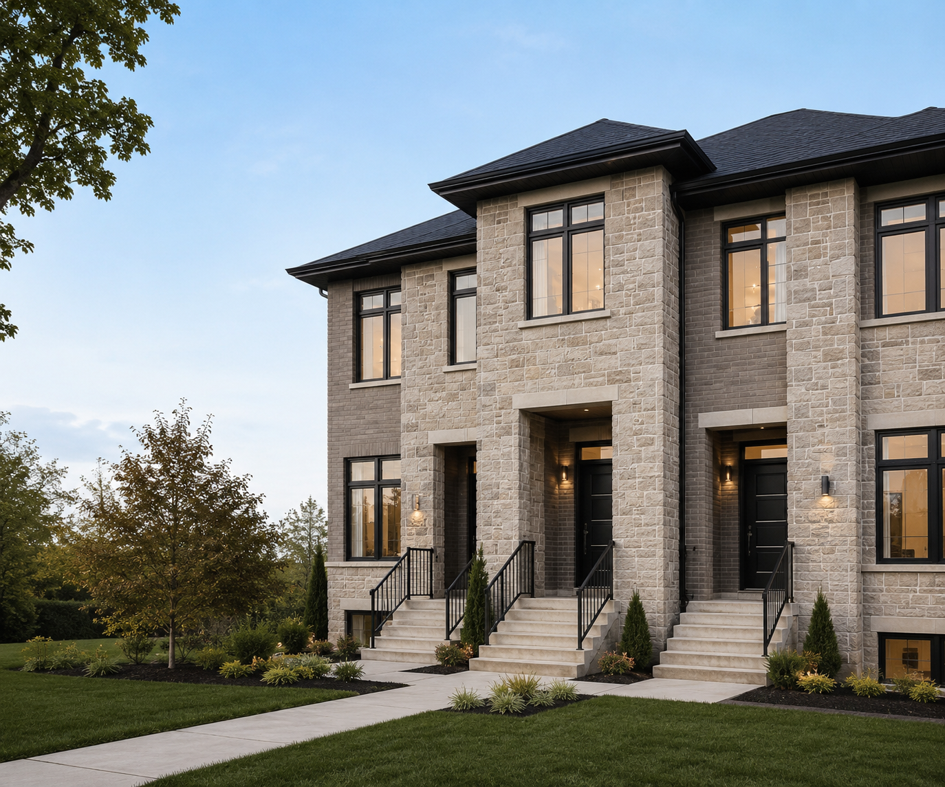 Refined multi-unit residential building with coordinated stone facade and separate entries
