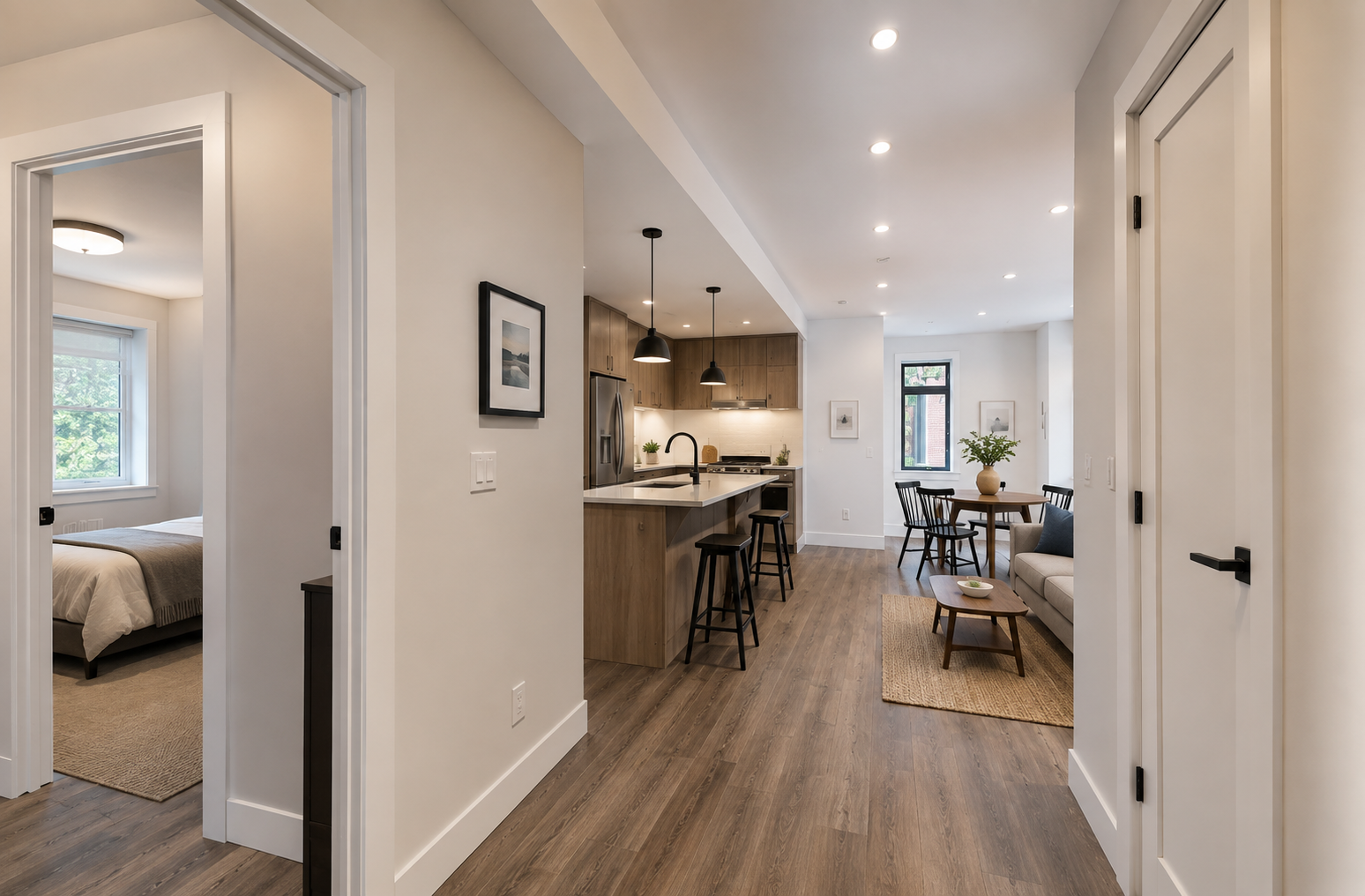 Bright contemporary apartment interior within a triplex conversion
