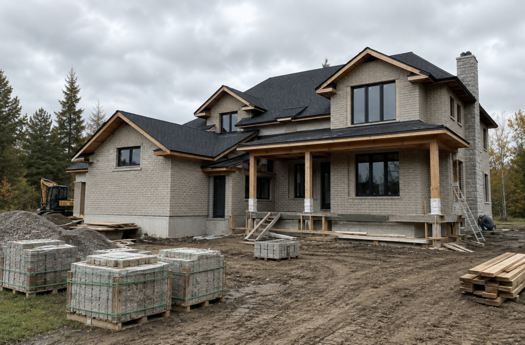 Organized rural Ontario residential construction site with framing and materials staged professionally