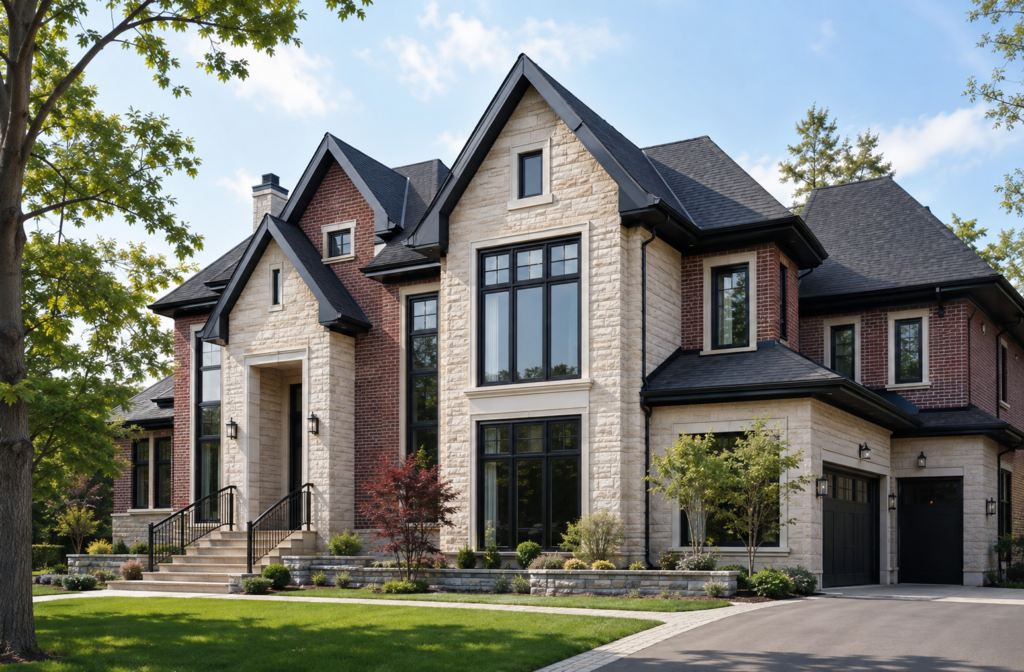 Completed custom home with pale stone, brick accents and large dark-framed windows