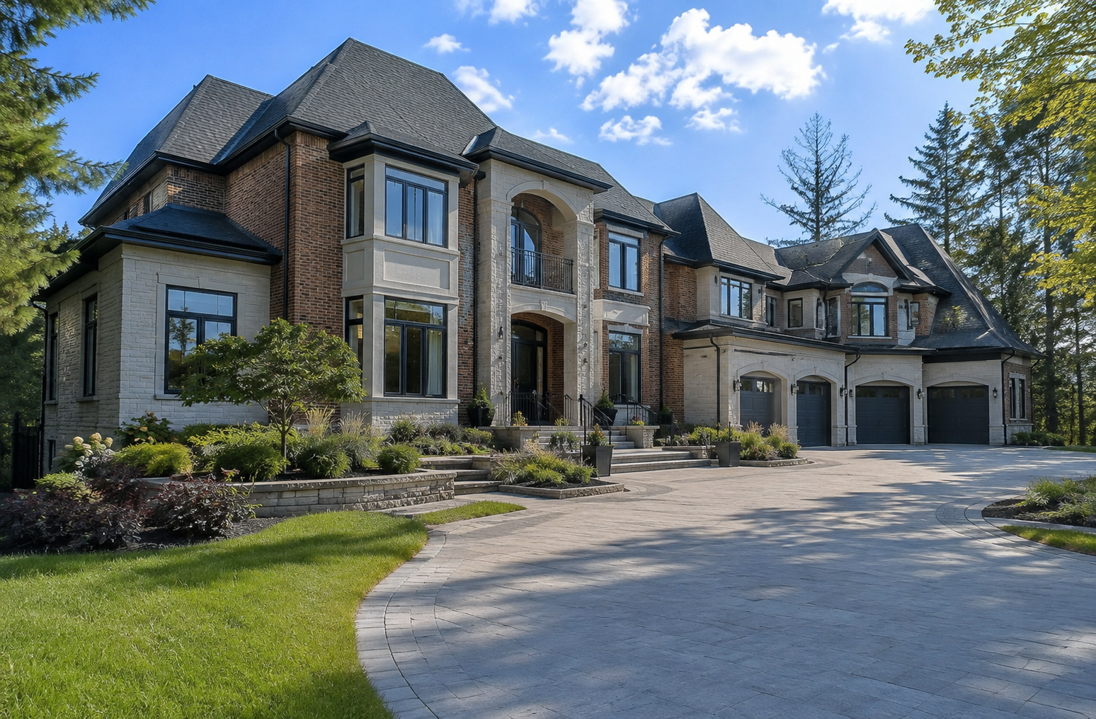 Upscale Ontario suburban home with stone, brick and dark-framed windows on a landscaped property