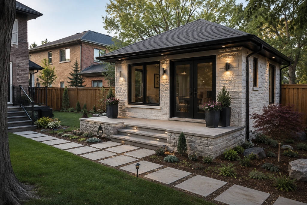 Completed detached garden suite with refined siding, dark windows and practical backyard landscaping