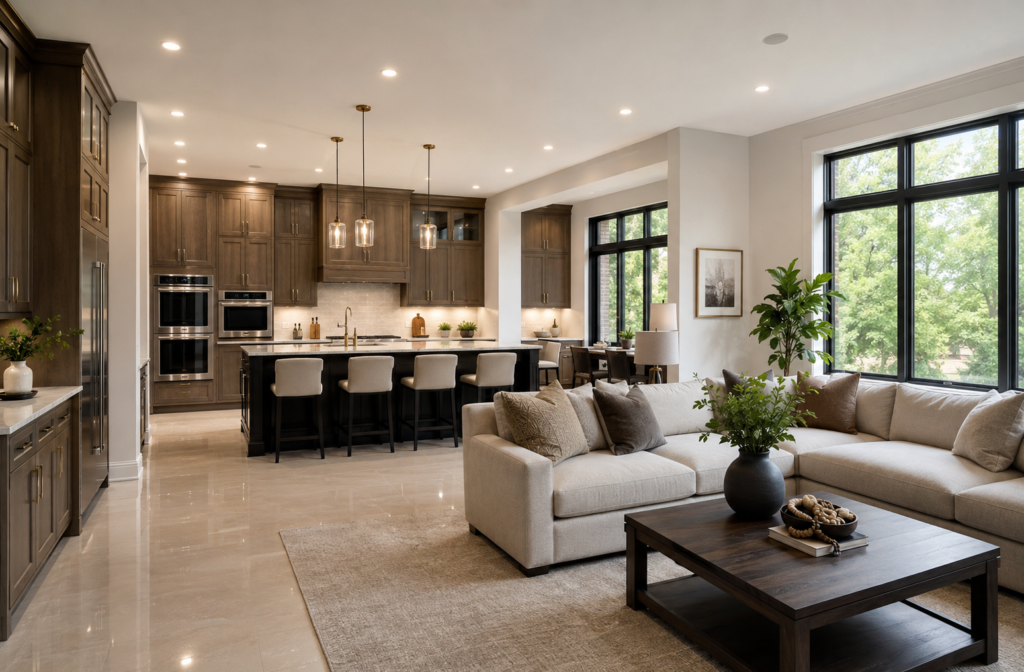 High-end residential kitchen renovation with warm cabinetry, stone counters and natural light