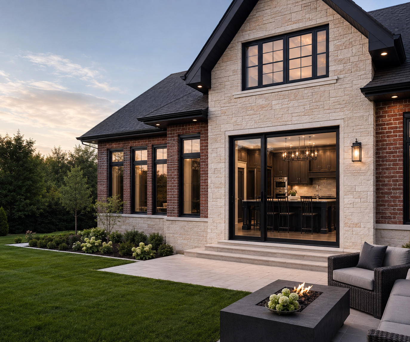 Completed rear home addition with brick, stone and large dark-framed windows