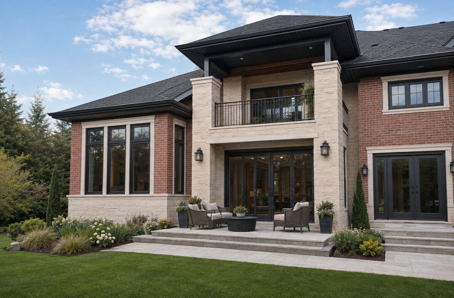 Completed rear home addition opening to a landscaped backyard