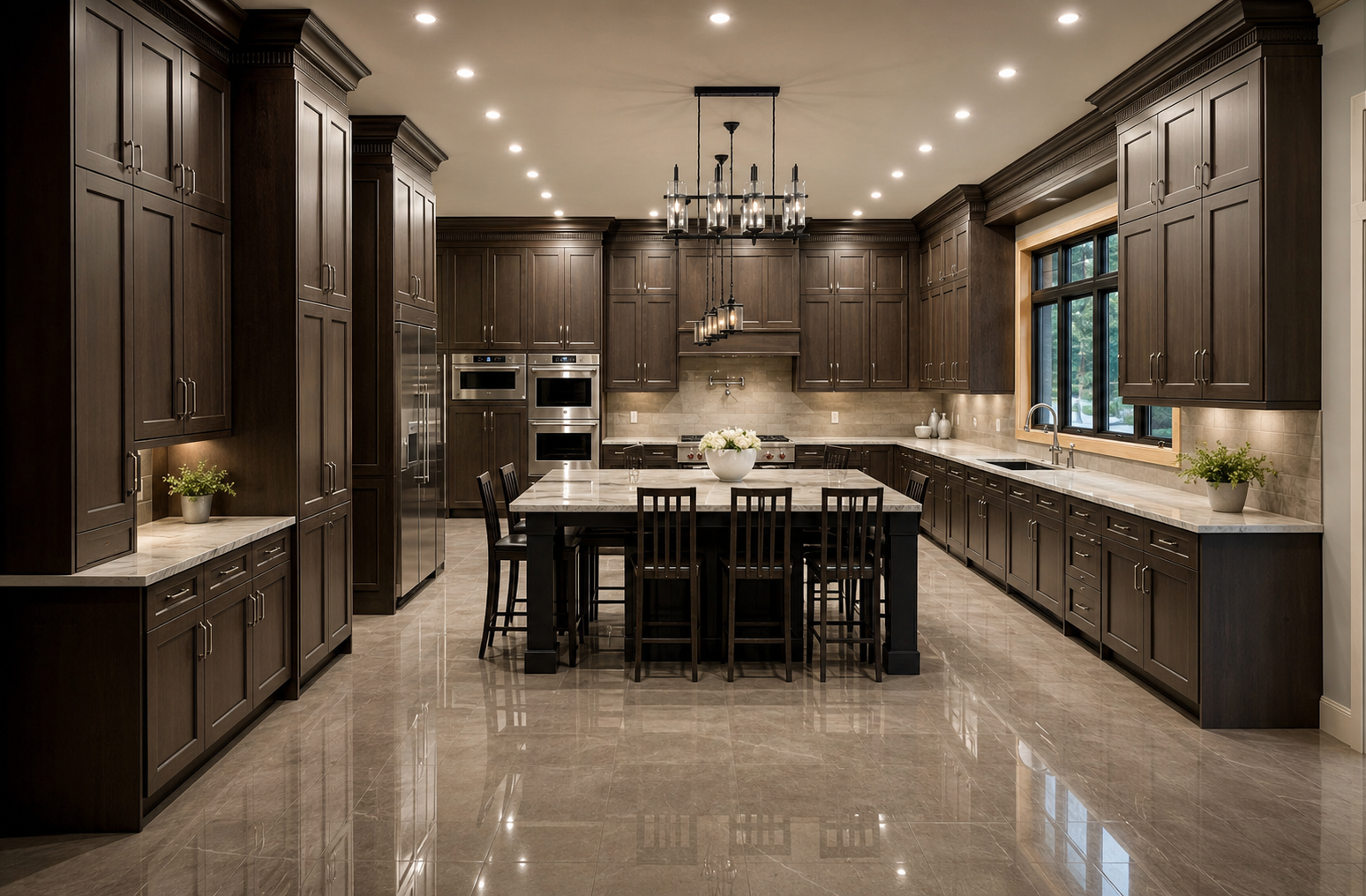 Completed luxury kitchen with dark cabinetry and large central island