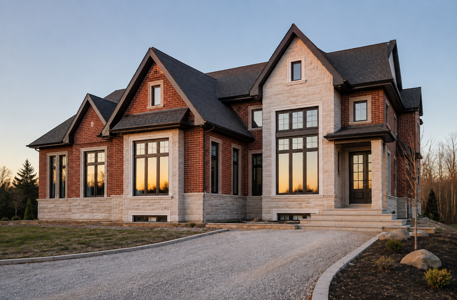 Custom residence with pale stone exterior and dark-framed windows