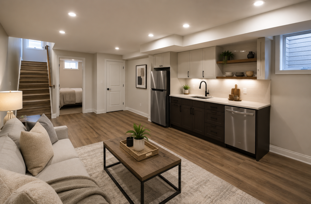 Bright finished lower-level rental suite with a compact kitchenette and modern residential finishes