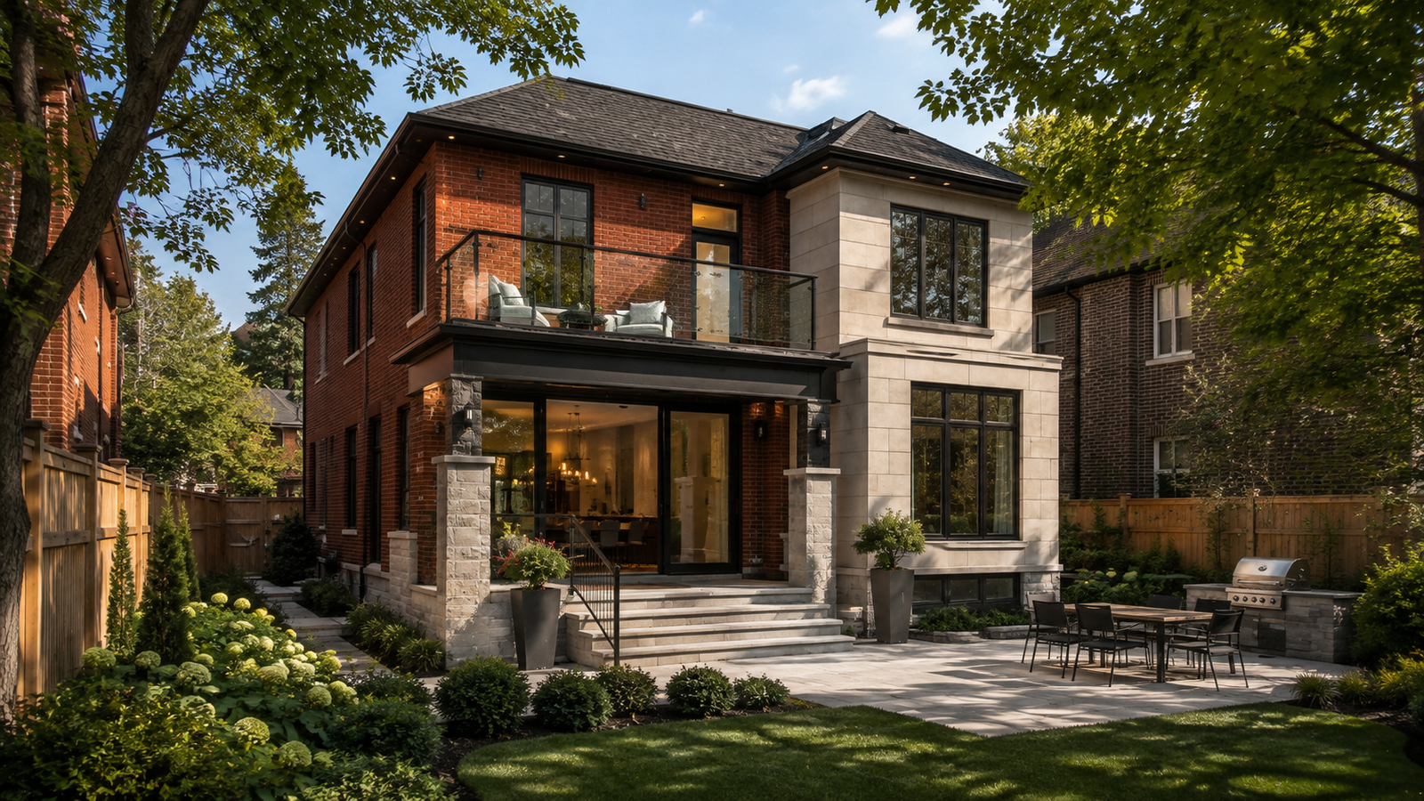 Renovated Toronto home with brick exterior, modern rear addition and large dark-framed windows