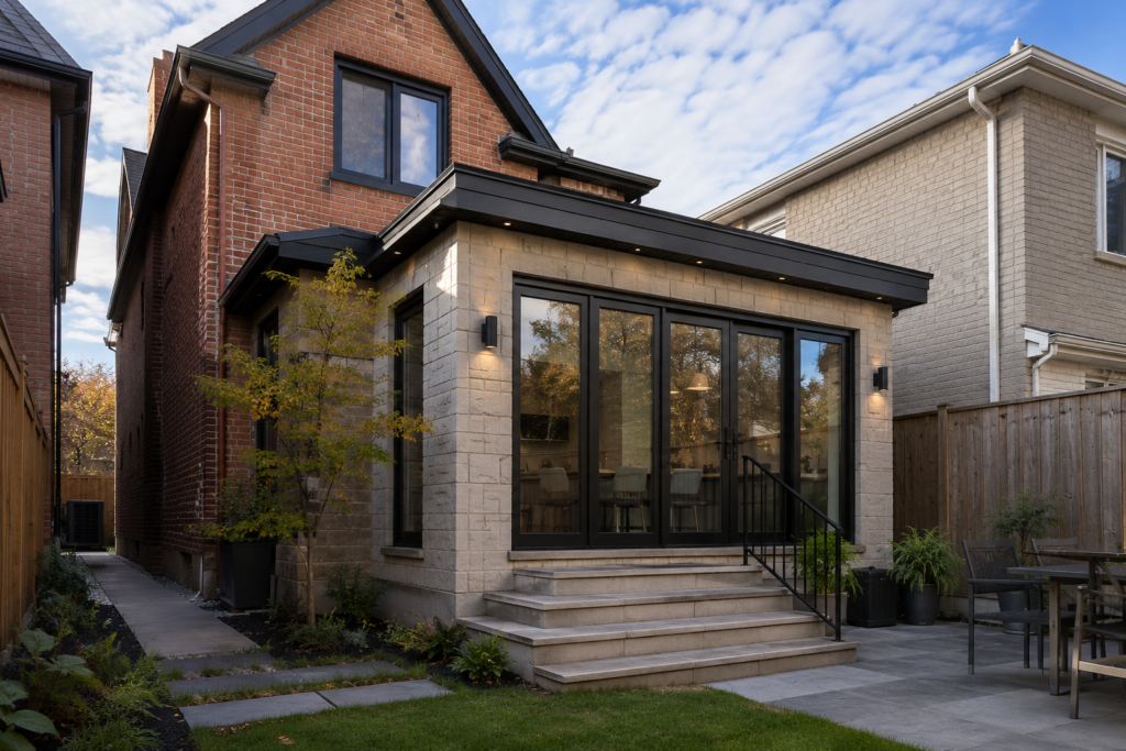 Completed rear home addition blending original brick with a modern extension and large windows