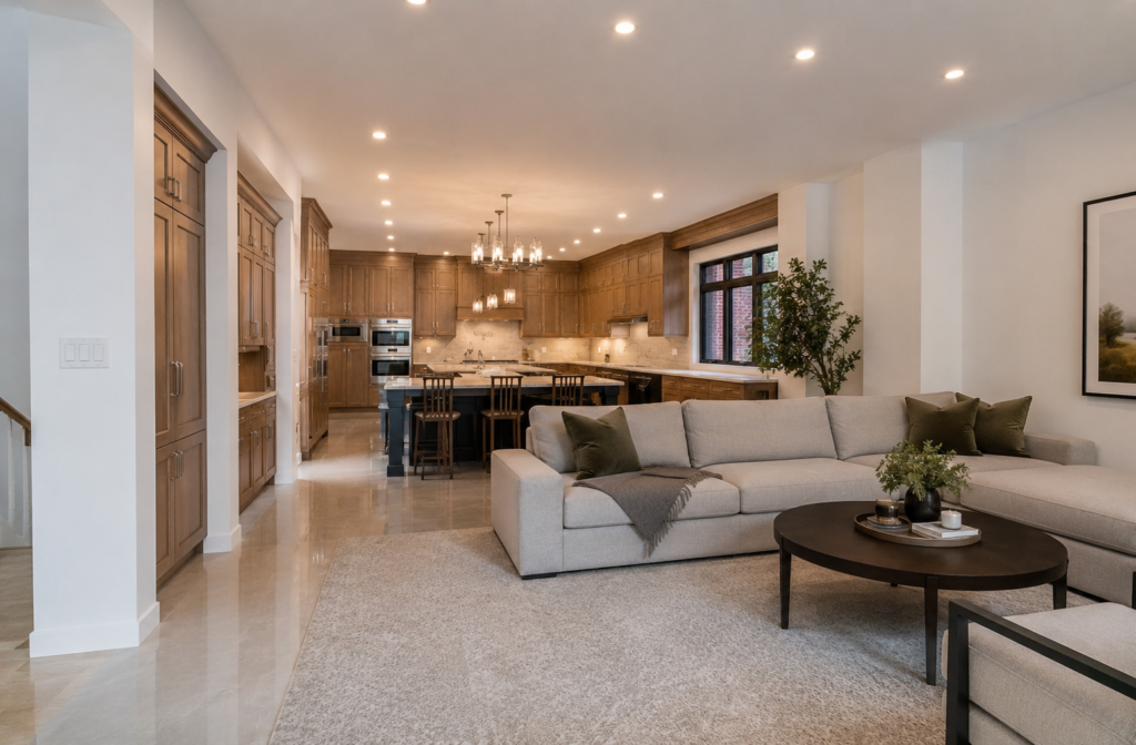 Completed open-concept kitchen and living renovation with warm cabinetry and stone surfaces