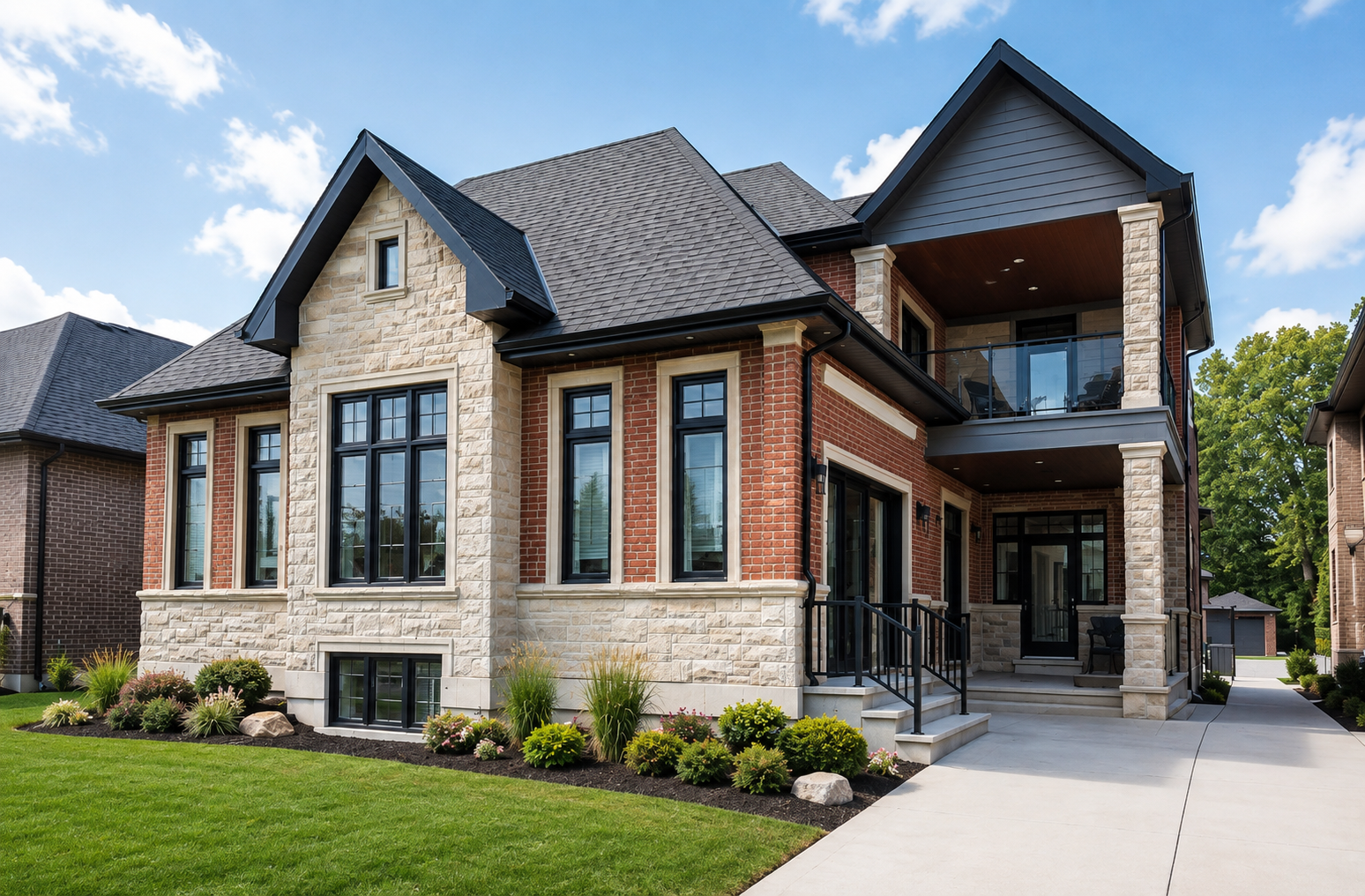 Refined Ontario residential property with brick, modern cladding and clean dark-framed windows