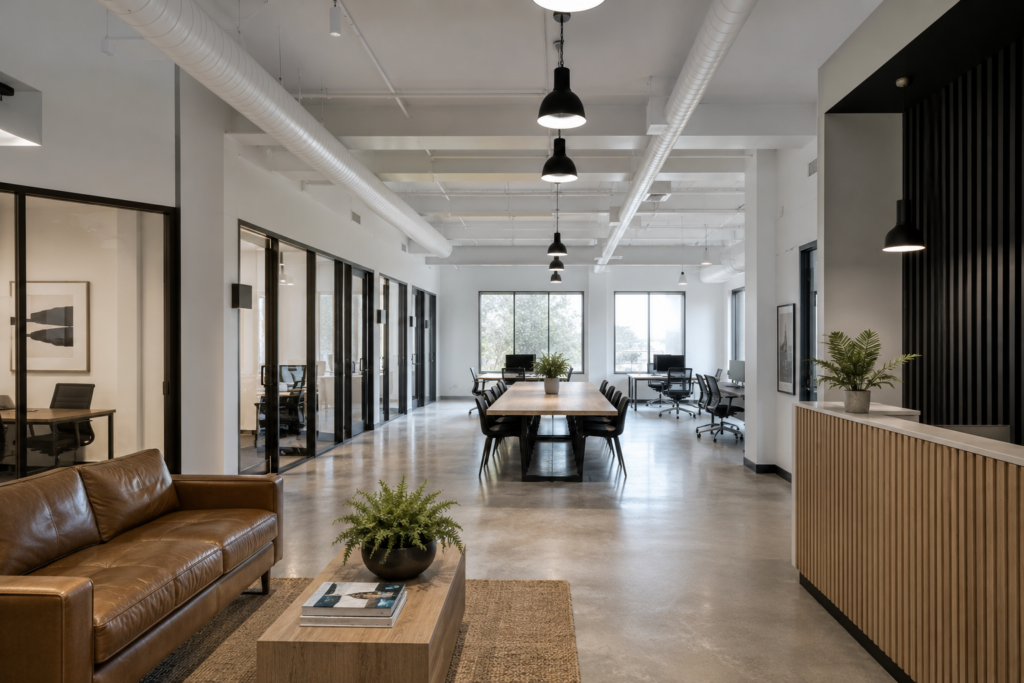 Completed commercial leasehold interior with practical finishes, clean lighting and a coherent layout