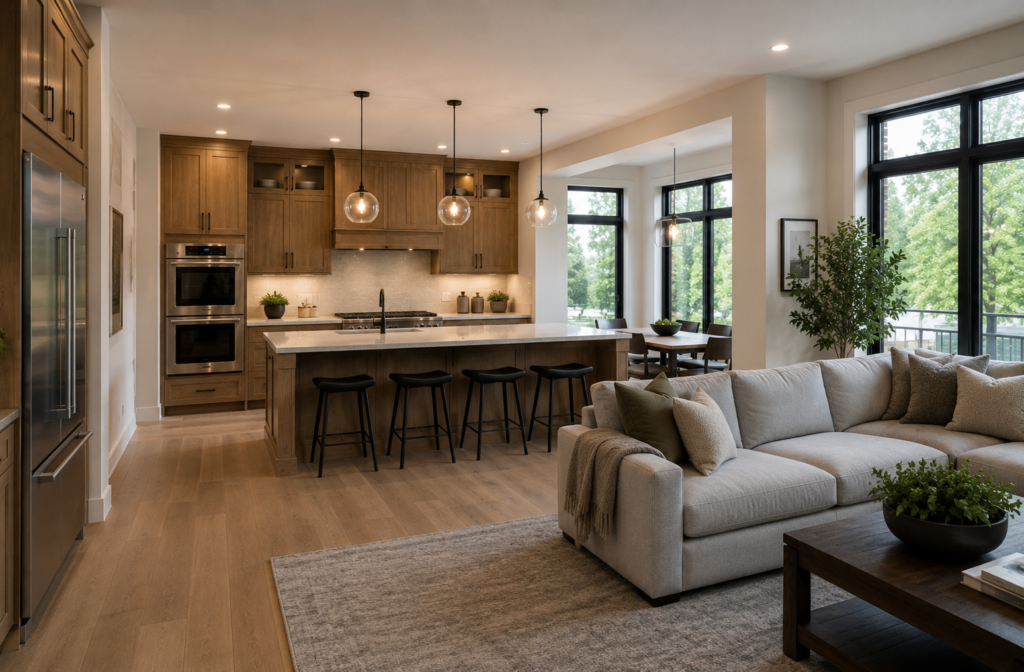 Completed open-concept kitchen renovation with warm cabinetry, stone counters and natural daylight