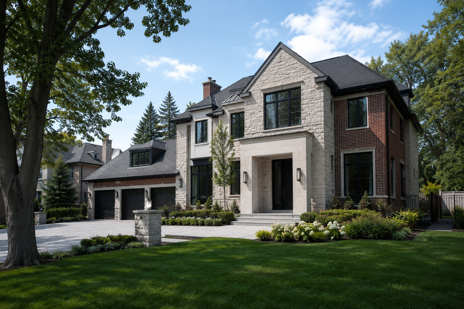 Substantial suburban Ontario home with brick, stone and dark-framed windows on a wide lot