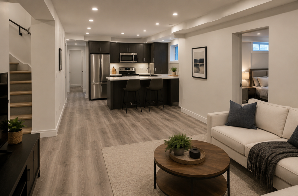 Completed lower-level living space with recessed lighting, neutral finishes and practical layout