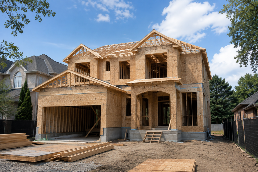 Residential construction progress with organized wood framing on a suburban Ontario building site