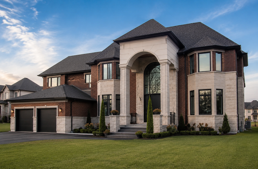 Completed two-storey Ontario home with quality brickwork, stone detailing and a strong front entry